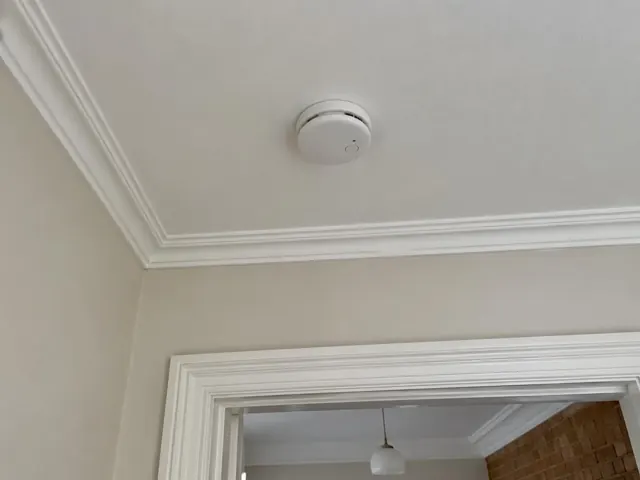 Ceiling smoke alarm on a white plaster ceiling above a doorway in a painted home interior in Waverton